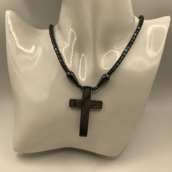 Hematite Cross Necklace Unisex 16 inch Necklace with Hematite 2 in Cross NEW - Picture 8 of 9